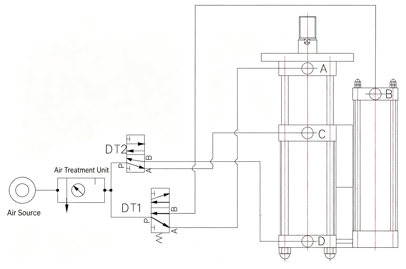 JRT inverted hydro-pneumatic cylinder pneumatic circuit diagram showing DT1 and DT2 solenoid valves and back-side port layout