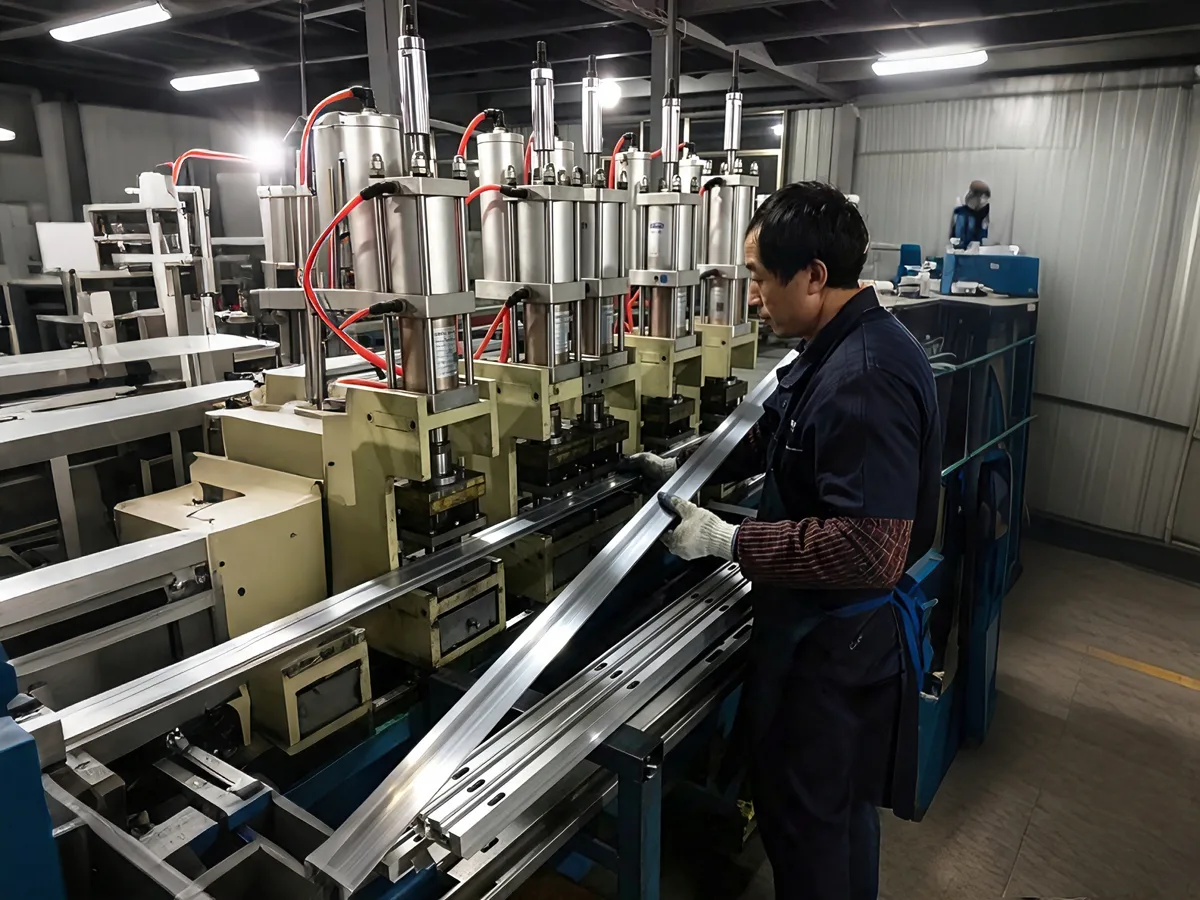 Heavy JRA hydro-pneumatic cylinder punching an aluminum profile